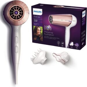Secador de pelo Philips Dry Care Prestige color rosa y blanco en su caja